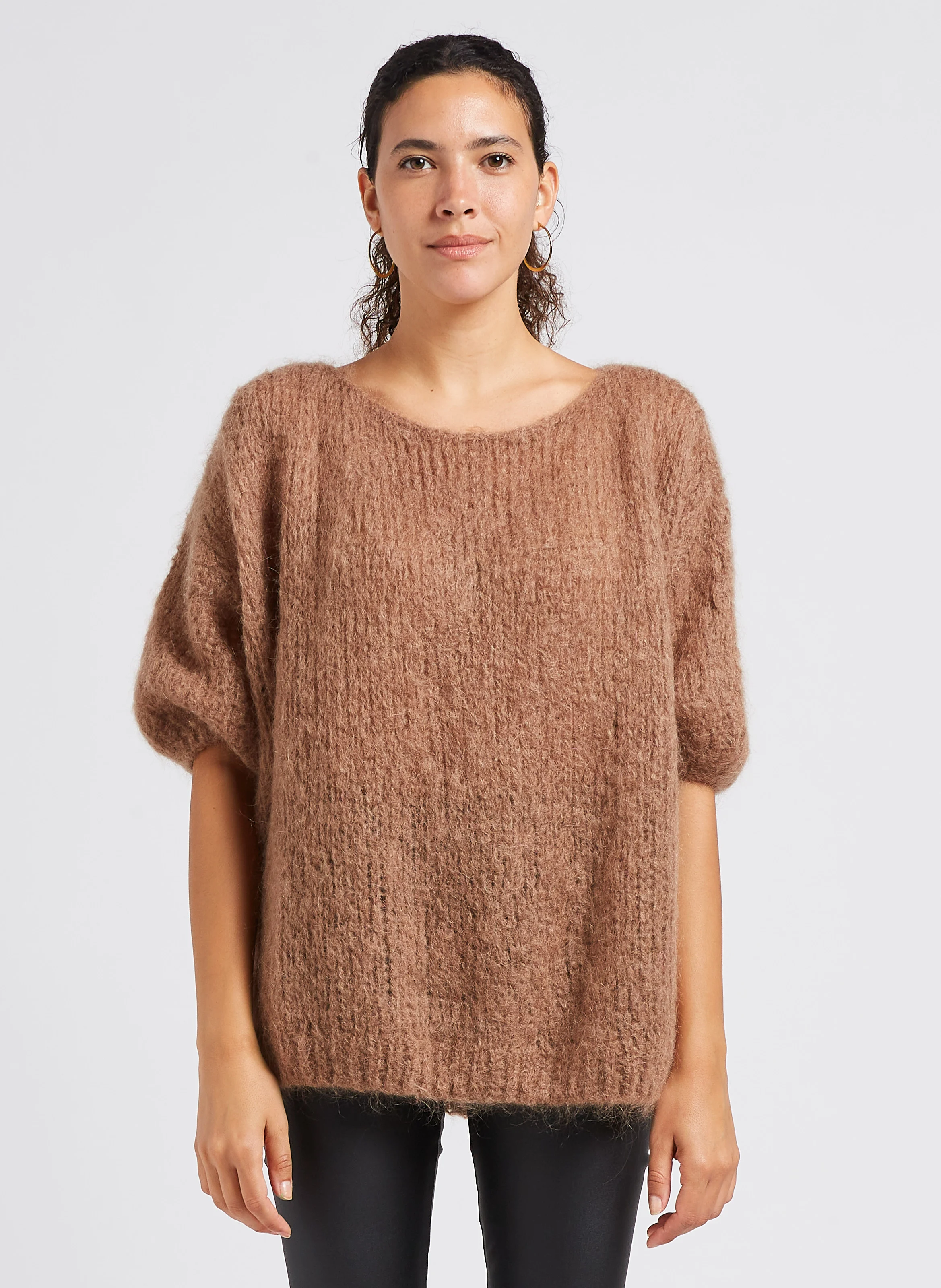 Pull col rond ample en laine mélangée | Marron