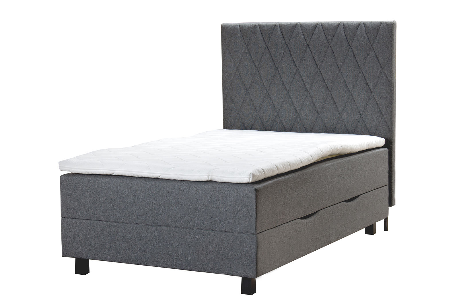 S3 smartseng 120x200 cm i tekstil Gandar 16 Grå med 8 cm overmadrass og sortbeiset ben\n