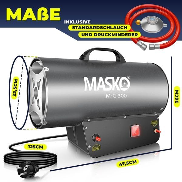 Masko® Gasheizgebläse Gasheizer Heizkanone Gasheizstrahler 30 KW Bauheizer Gas Heizgerät heizstrahler Heißluftgenerator inkl. Gasschlauch & Druckminderer Heizgebläse für handelsübliche Gasflaschen