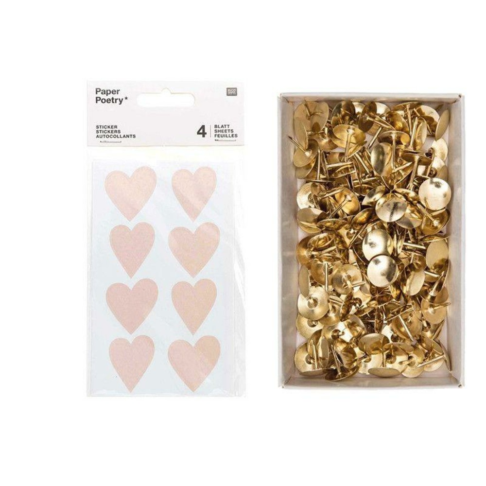 4 feuilles d'autocollants coeurs rose clair + 150 punaises dorées