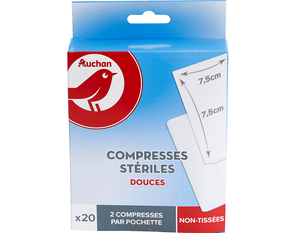 COMPRESSA ESTERILIZADA AUCHAN TECIDO NÃO TECIDO SUAVE 7.5X7.5CM 20UN