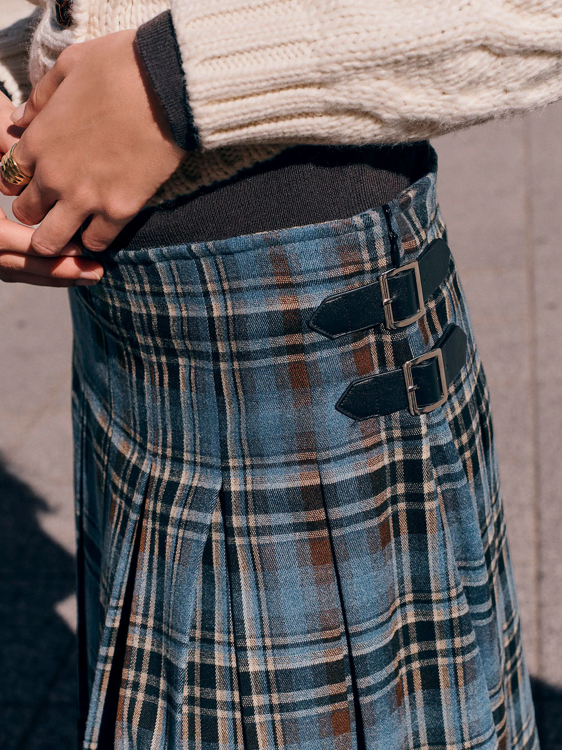 Marineblauw geruit - Check Knee Length Kilt Skirt