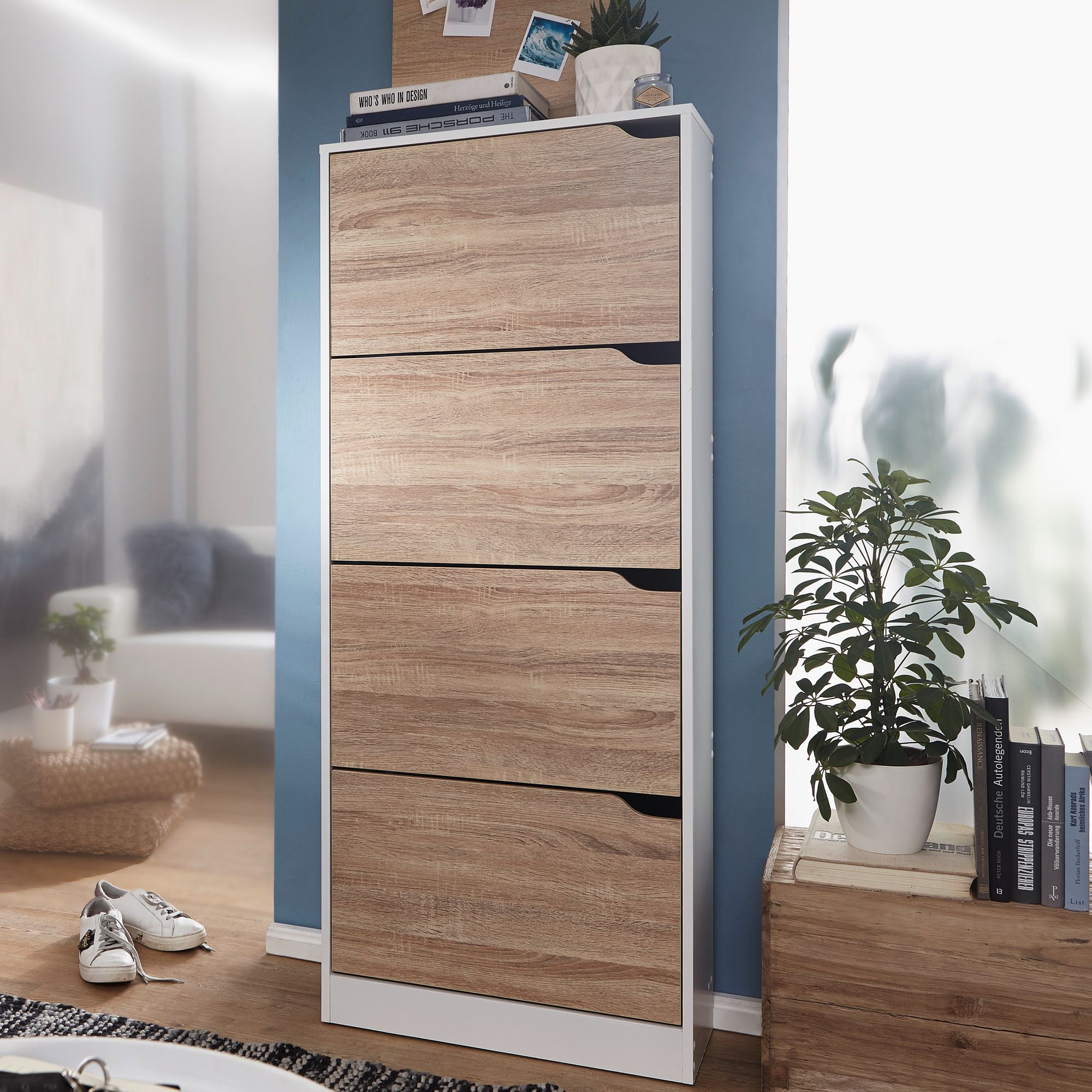 KADIMA DESIGN Schuhschrank 4 Fächer - 24 Paar Schuhe, Weiß und Sonoma Eiche, Robuste Spanplatte, KADIMA DESIGN