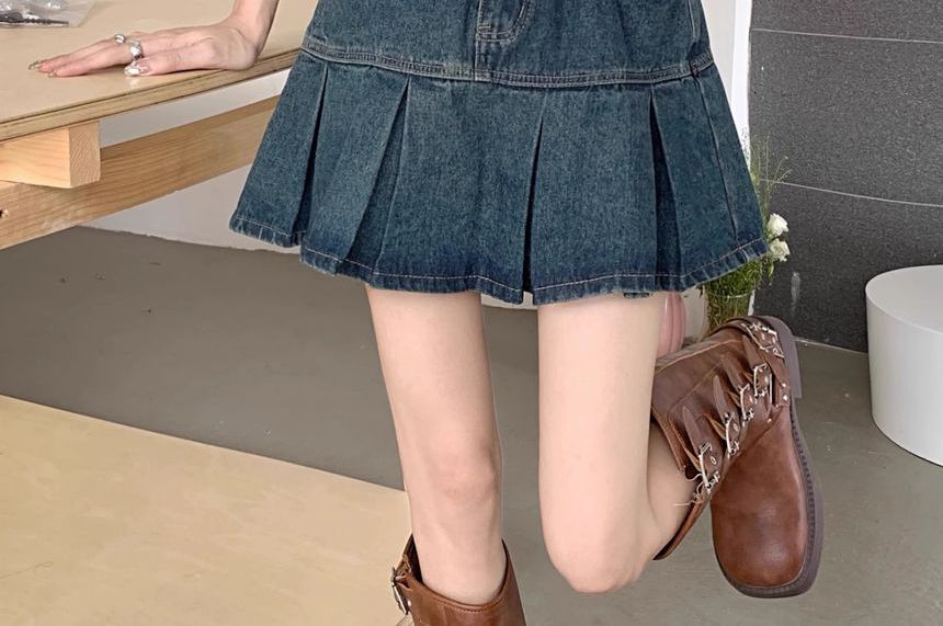 Girliepairs - Hoge taille gewassen geplooide mini A-lijn denim rok