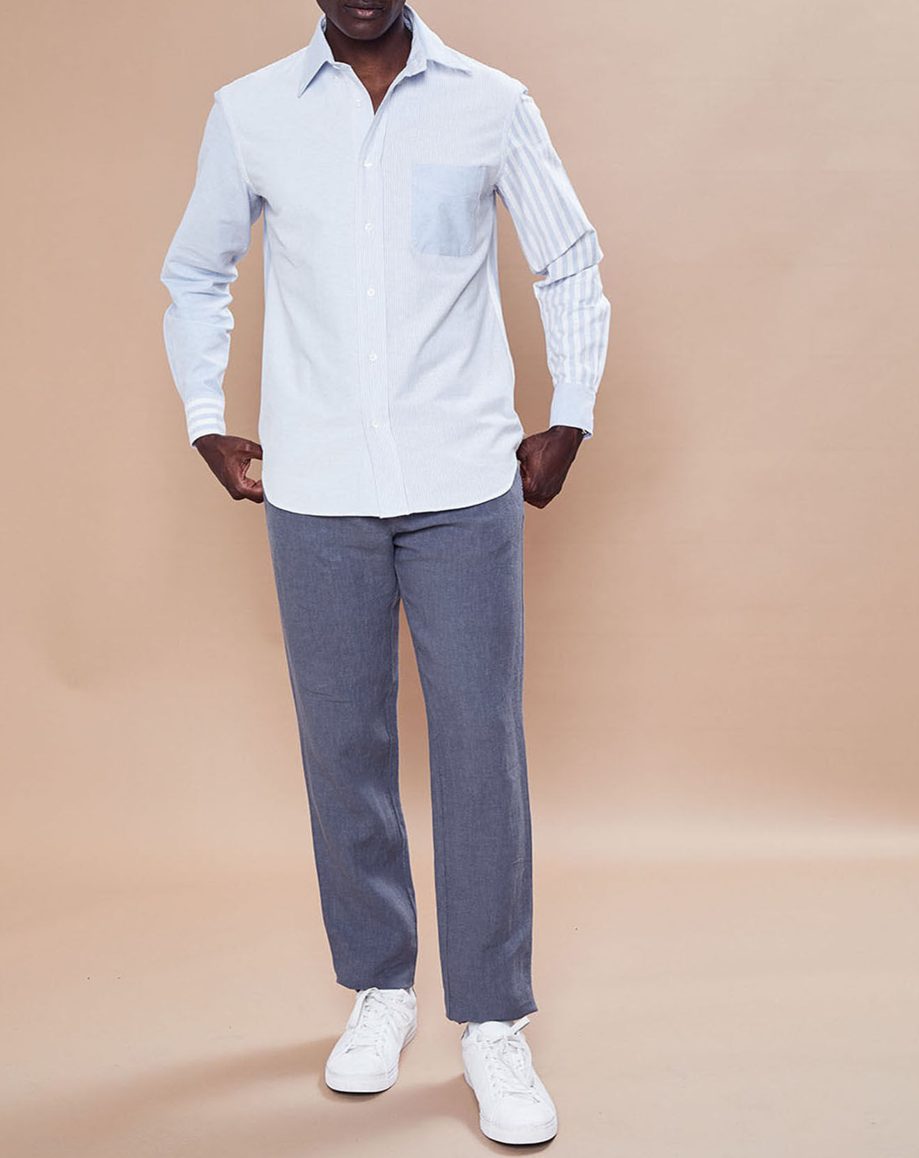 Hartford Chemise Regular Fit Pitt patchwork à rayures bleue