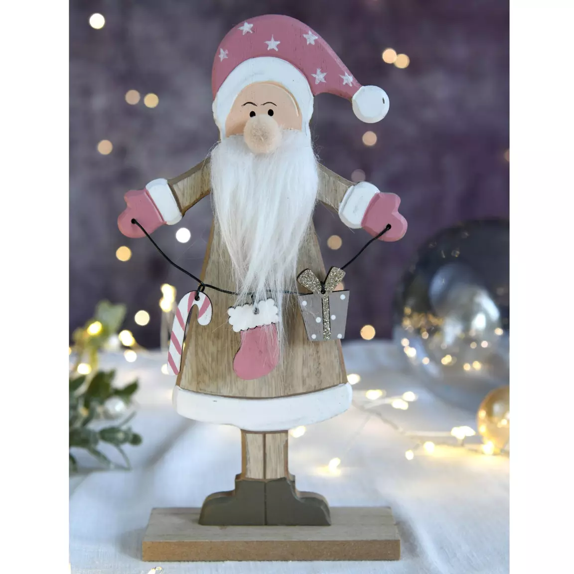 Père Noel et sa guirlande (H23 cm) en bois Rose