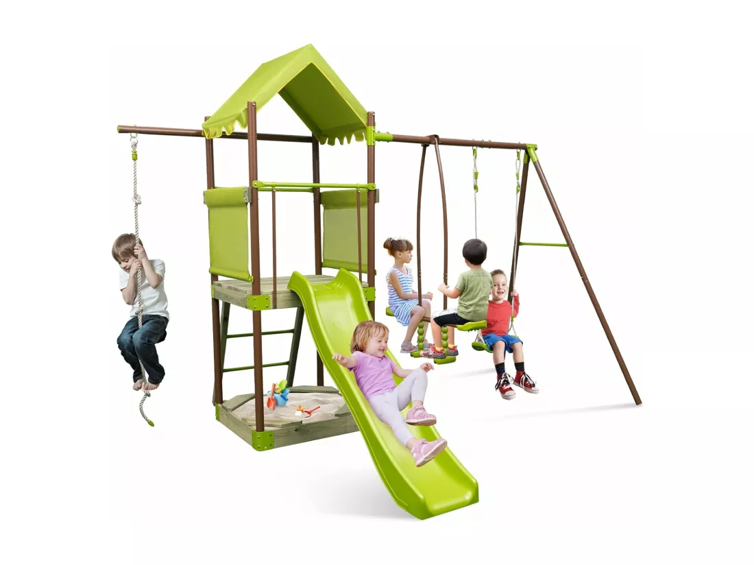 7 en 1 Aire de Jeux Portique en Bois avec Toboggan & Balançoire Réglable, Tour d'escalade avec Cabane Couverte & Échelle & Bac à Sable, Cadre en Métal pour Jardin pour Enfant de 3-12 Ans
