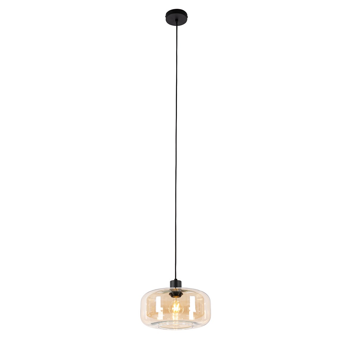 Art Deco hanglamp, zwart met bruin glas - Bizle