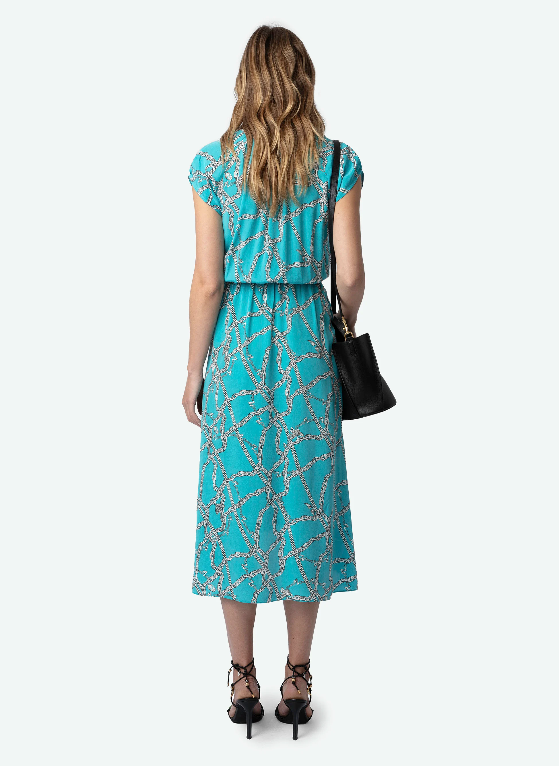 RANDALL - Robe midi col V imprimée en soie| Bleu