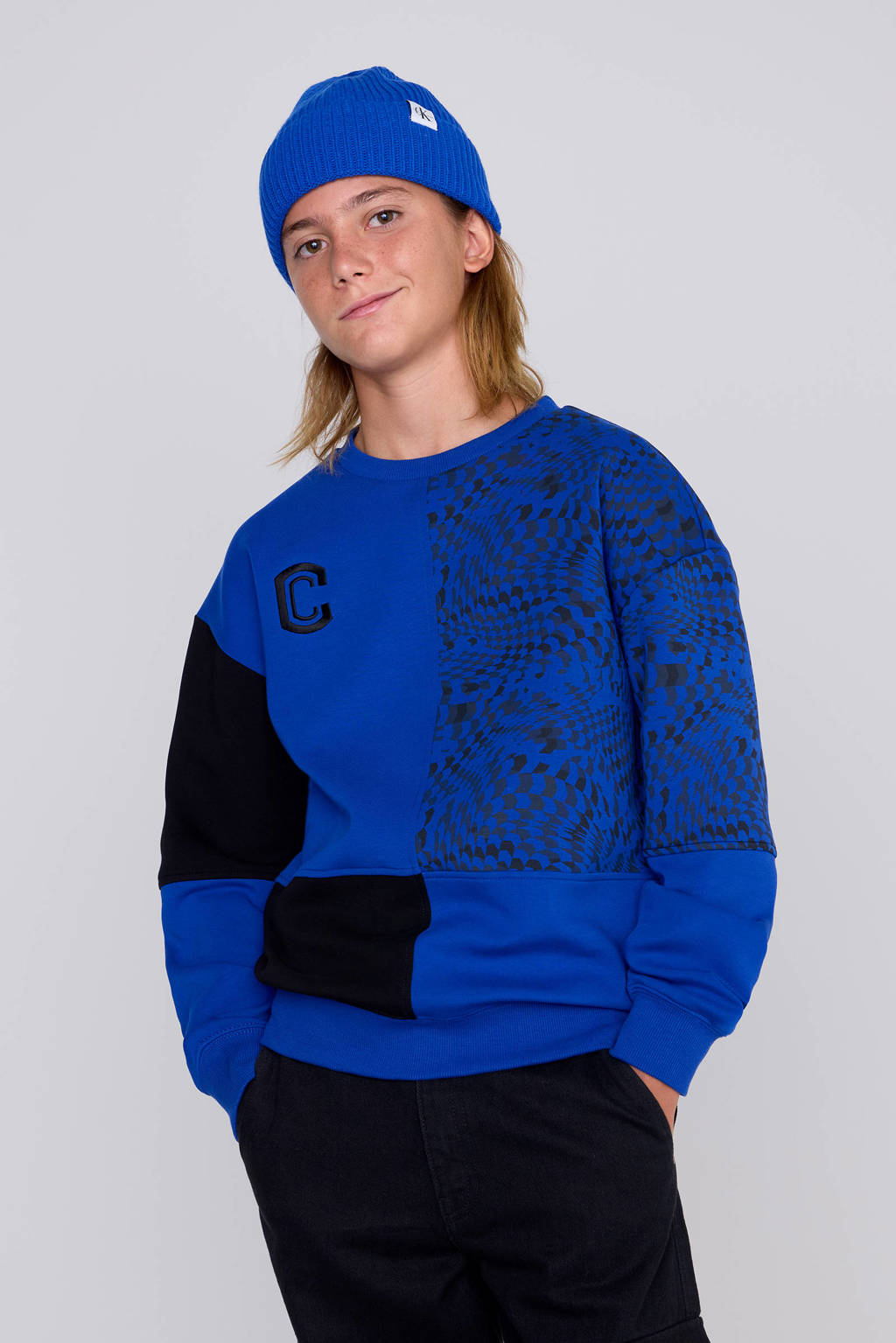 Coolcat Colourblock Sweater Nathan met Print Blauw