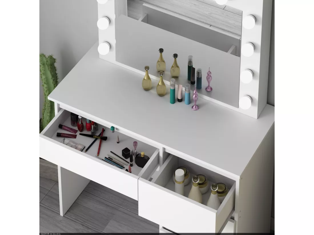 Coiffeuse avec 4 tiroirs et miroir LED coloris blanc - H75 x L94 x P43 cm