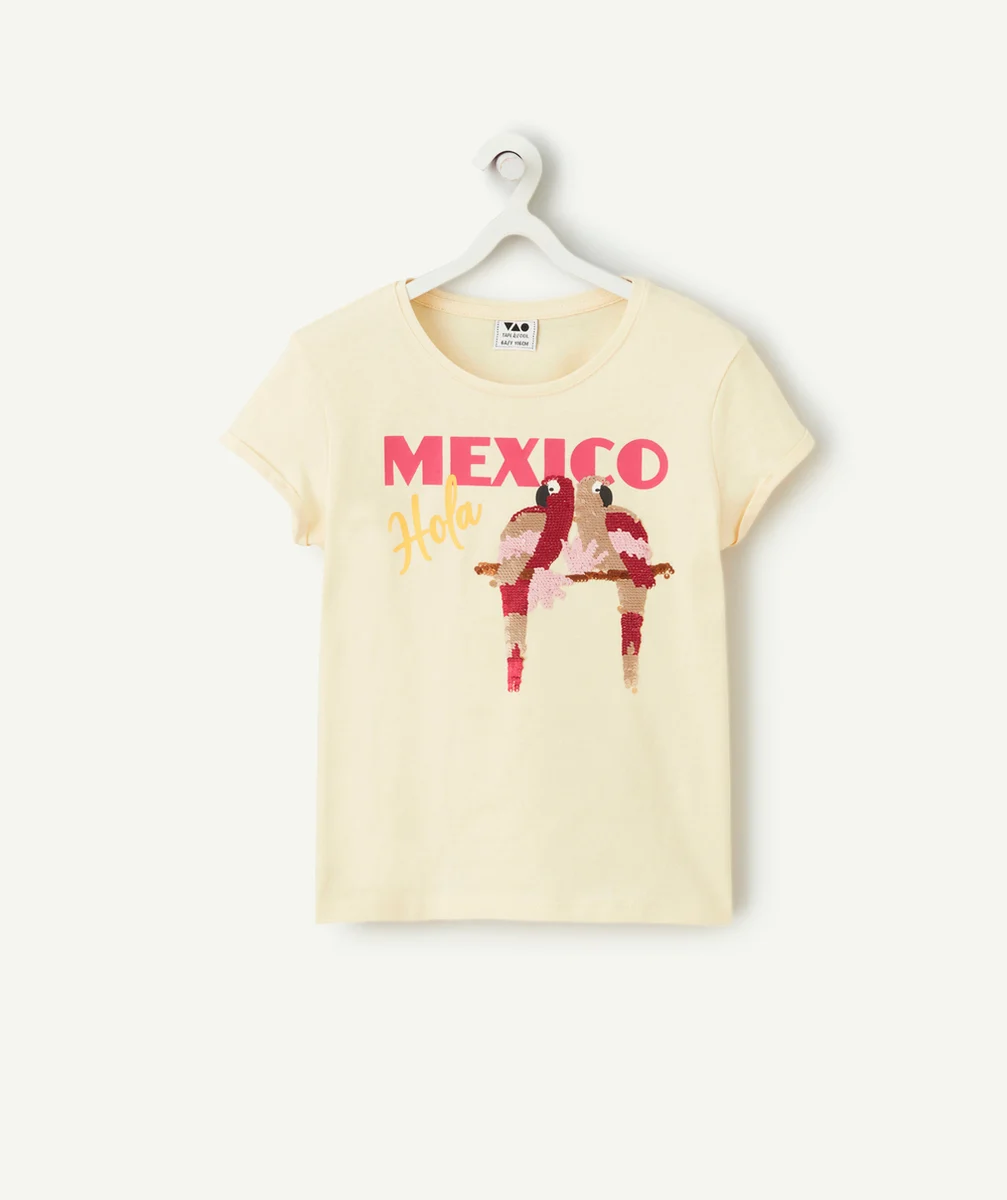 t-shirt fille en coton bio jaune avec perroquets en sequins réversibles colorés