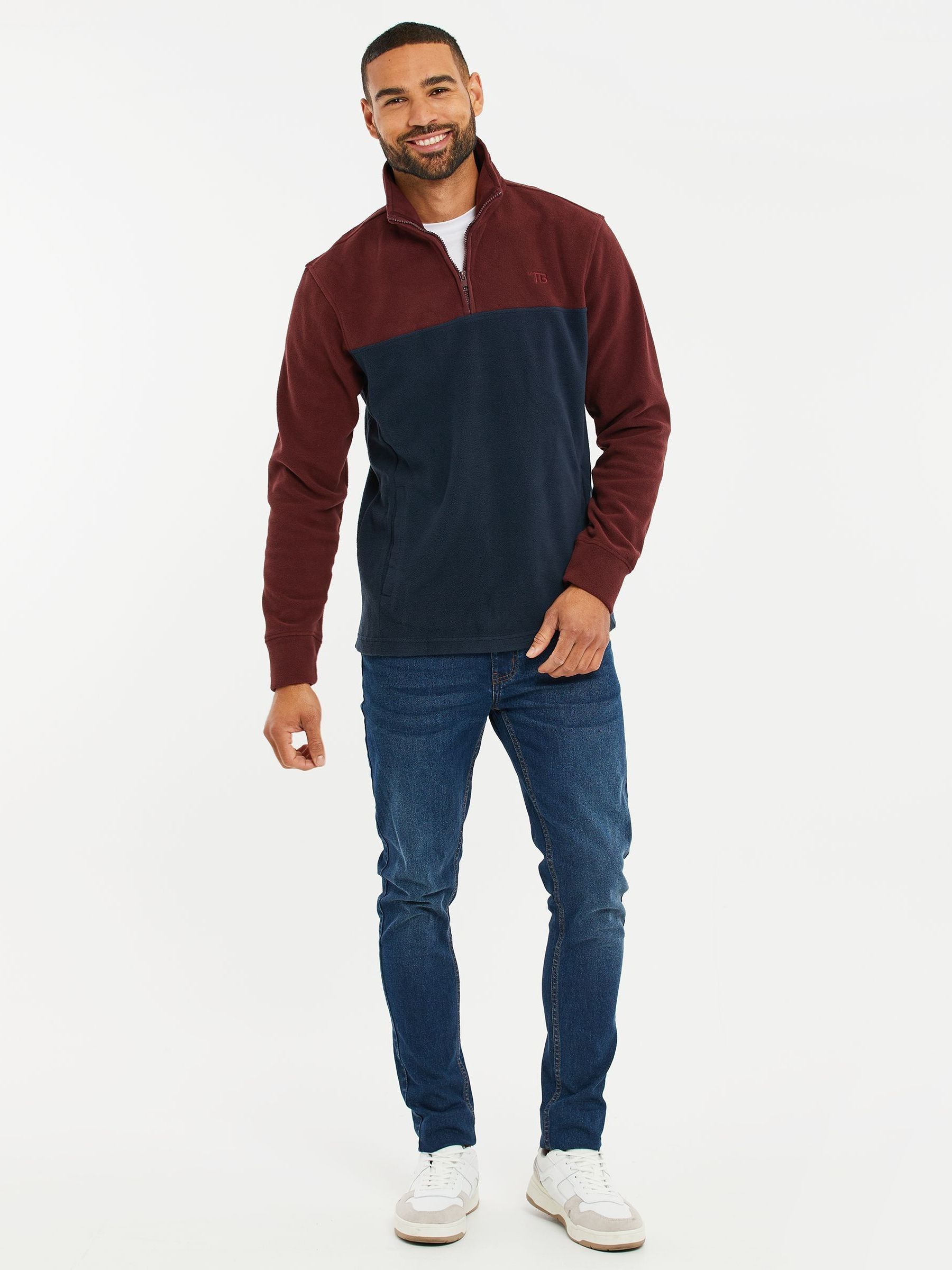 Bordeauxrood/marineblauw - Threadbare tweekleurige fleece sweatshirt met kwartrits