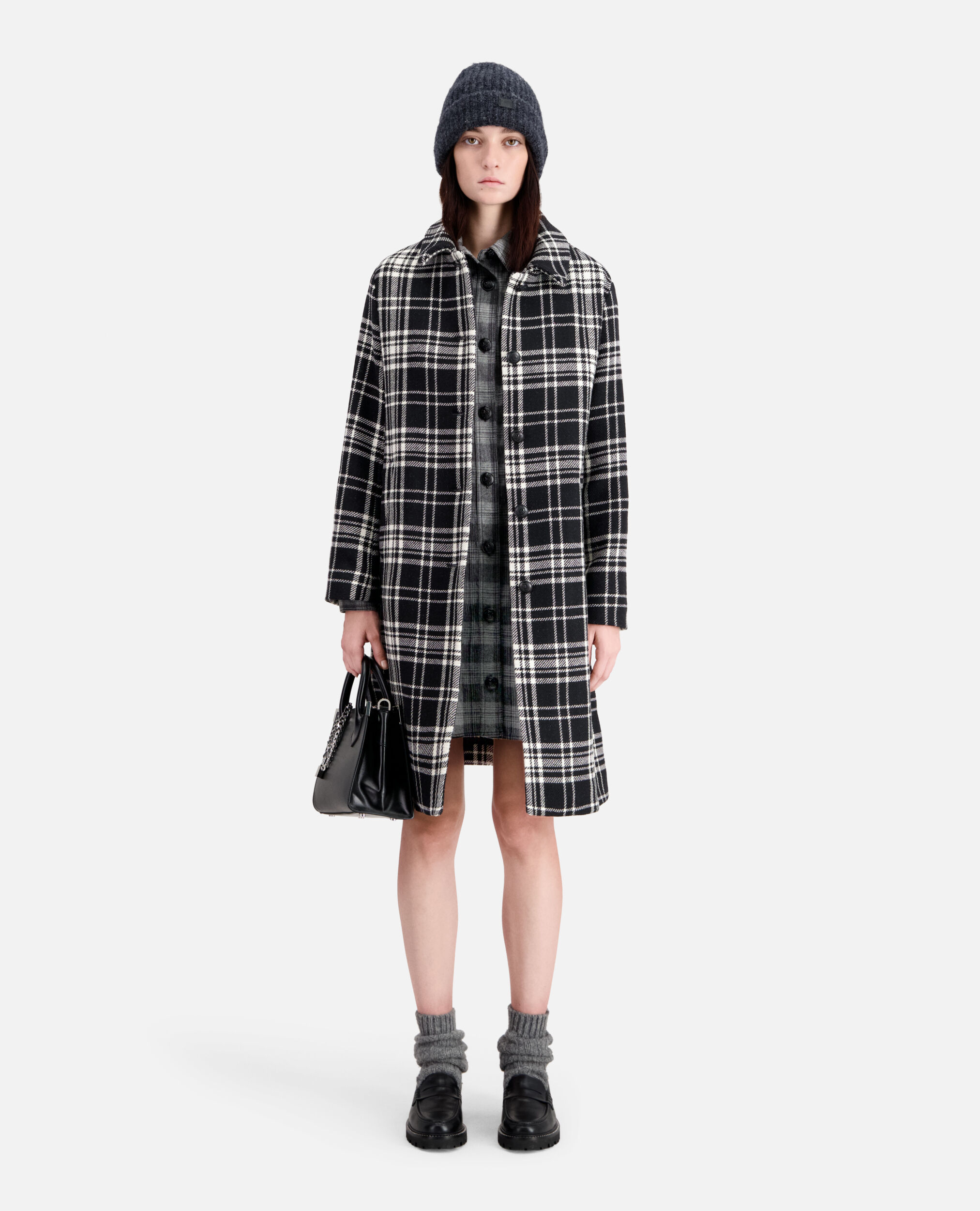 Long checkered coat in wool blend