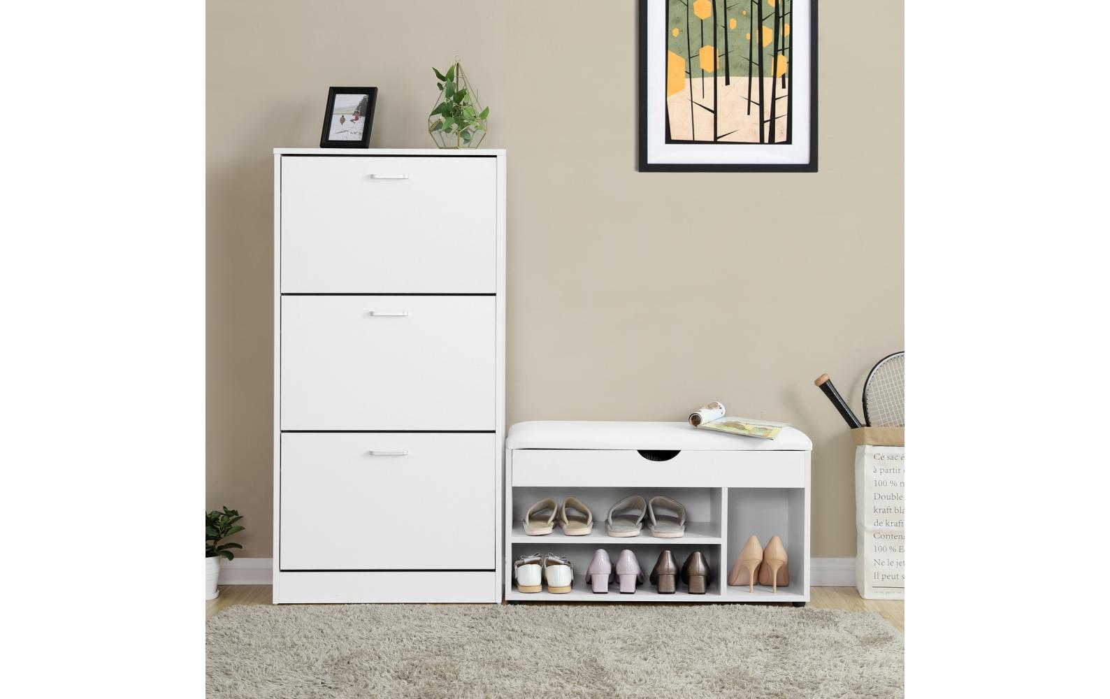 Schuhschrank mit 3 Klappen aus Spanplatte, Weiss<br>Schuhschrank mit verstellbaren Trennwänden