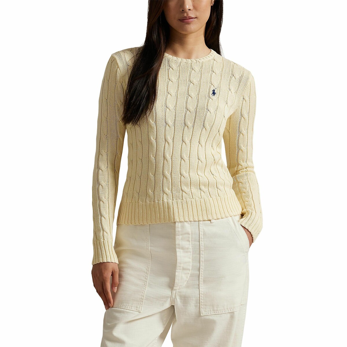 POLO RALPH LAUREN<br>Suéter de malha trançada de algodão com gola redonda
