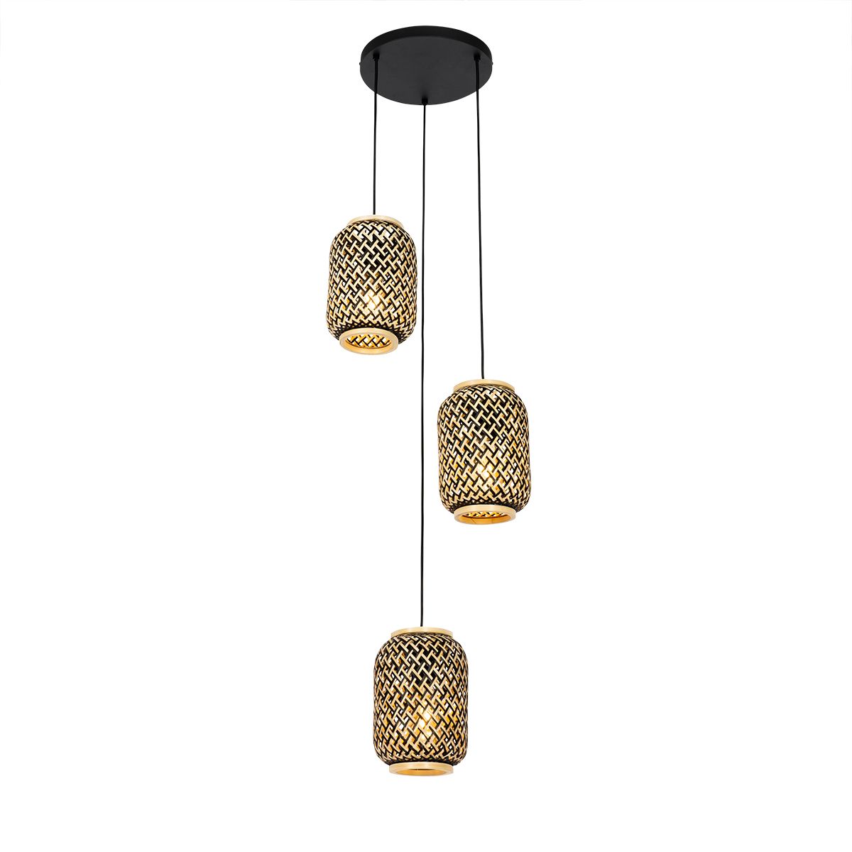Oosterse hanglamp bamboe met zwart 3-lichts - Yvonne