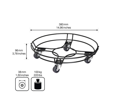 WagnerSystem plantenwagen, staal, Ø 38 cm, draagvermogen 100 kg, grijs
