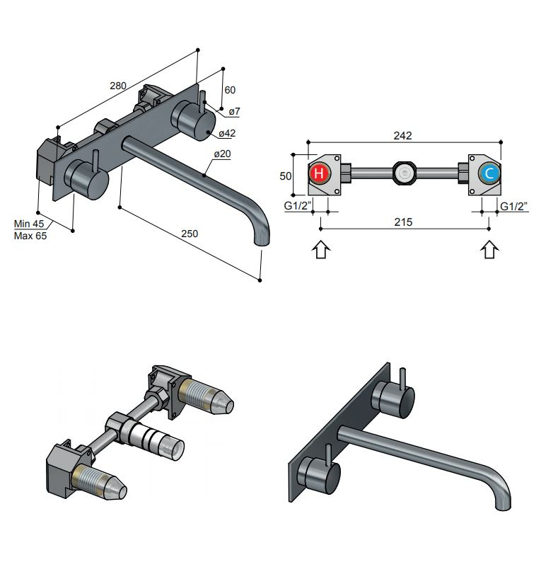 Hotbath Cobber inbouw wastafelkraan 25cm met plaat geborsteld messing PVD
