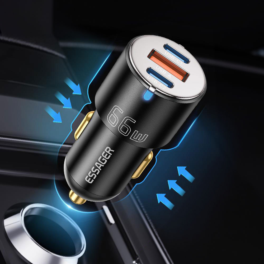 (66W) Universal Dual USB C / USB A Auto KFZ Ladegerät - Schwarz