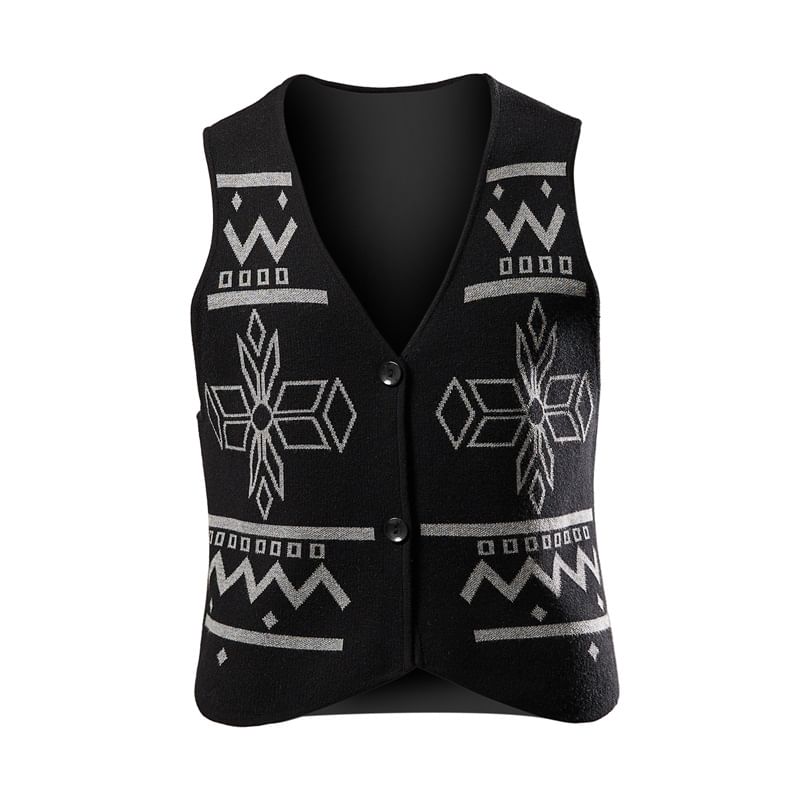 Aozora - V-hals vest met patroon en enkele rij knopen