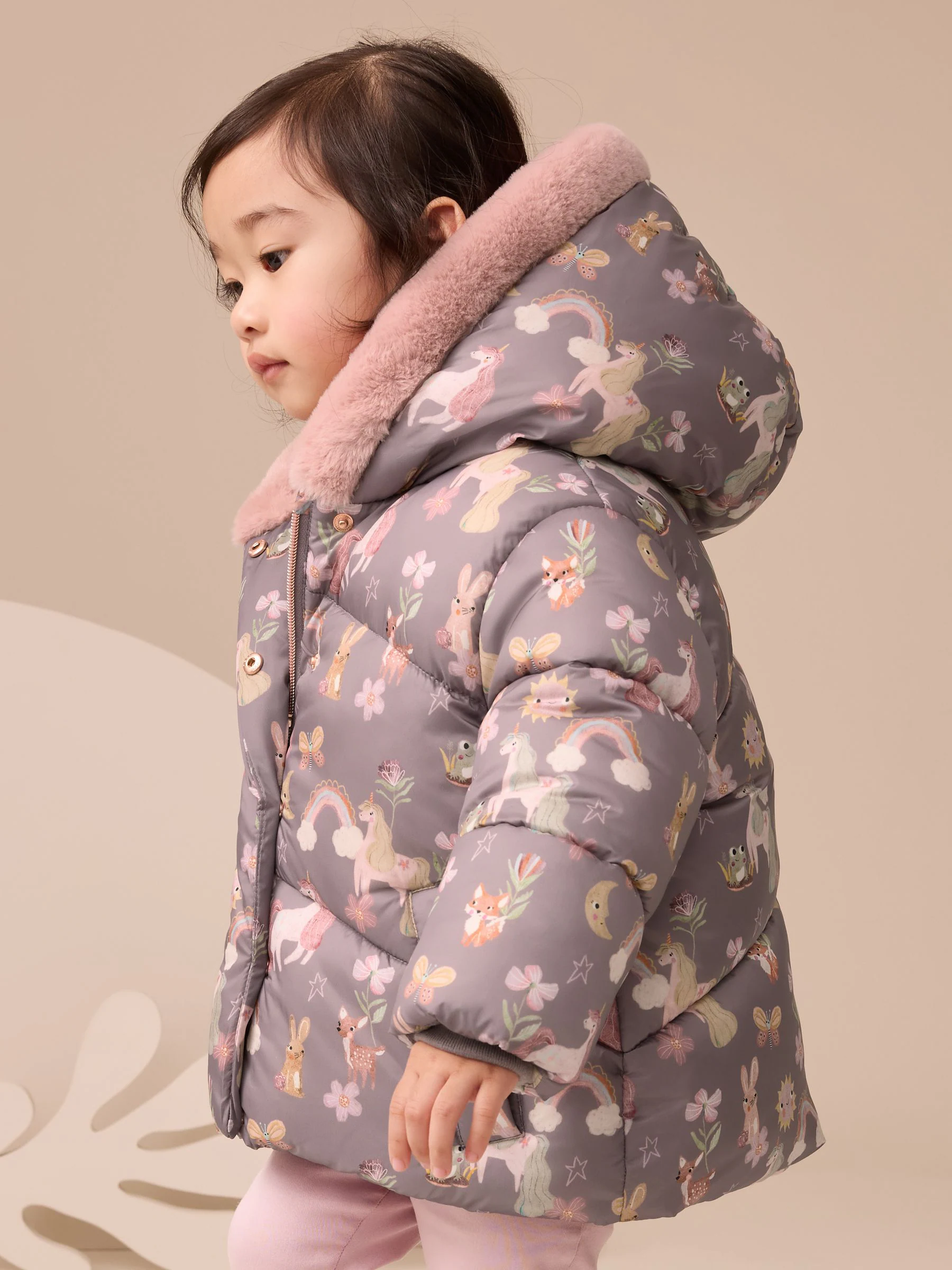 Damson Unicorn - Regenbestendige gewatteerde jas met imitatiebont afwerking (3mnd-7jr)