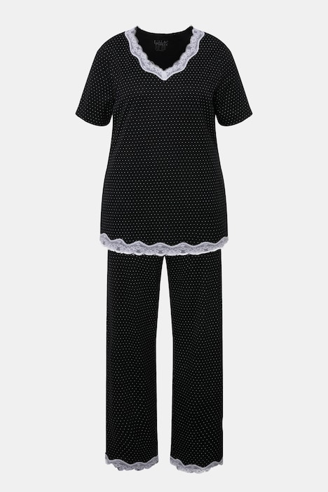 Pyjama, Punkte, Spitze, V-Ausschnitt, Halbarm
