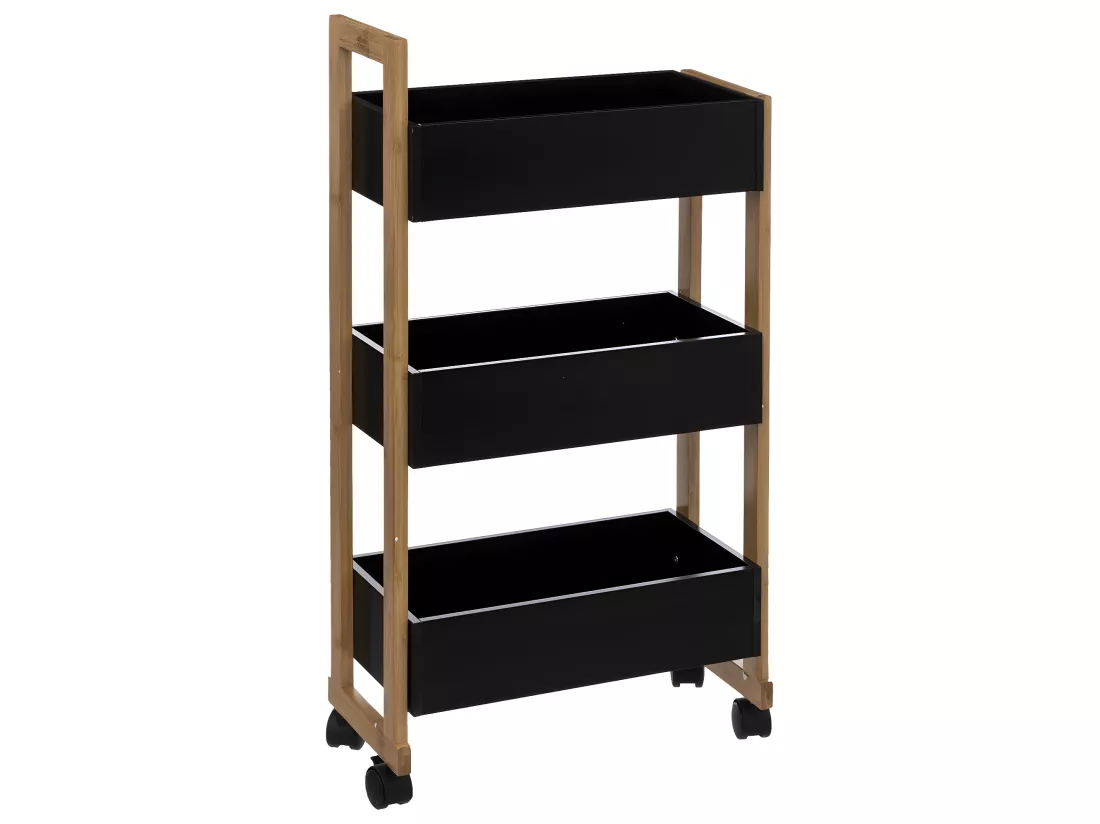 Desserte roulante 3 niveaux en Bambou et Bois Noir H 80 cm