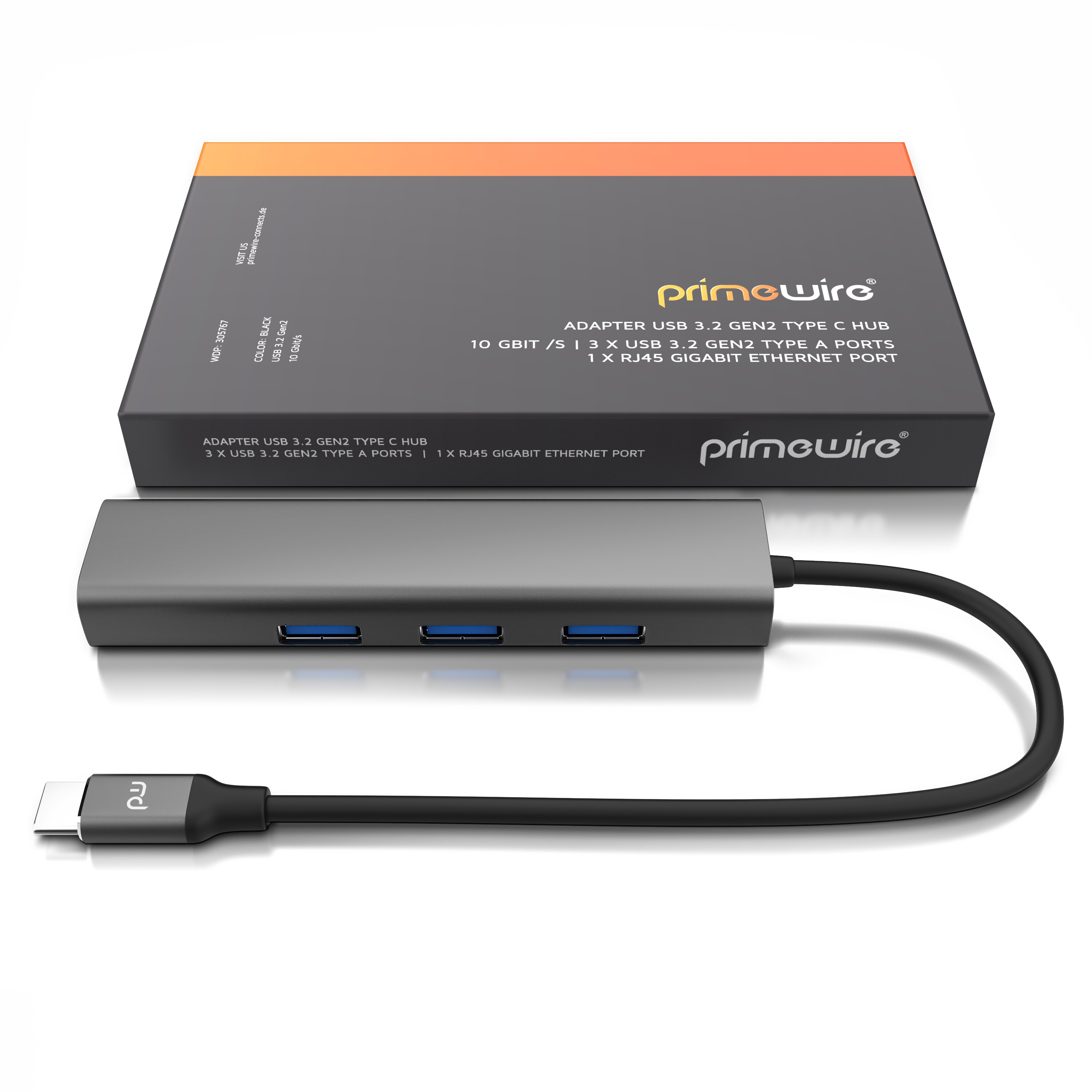 Primewire - USB C HUB mit RJ45 Ethernet - 10/100/1000 Mbit/s - Gigabit Ethernet, LAN Network Adapter - 3 x USB 3.2 Gen.1 A Ports - Notebook