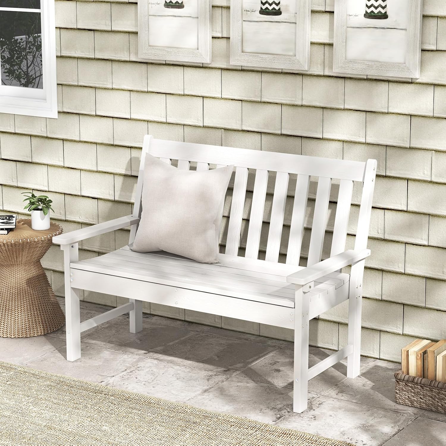 COSTWAY Gartenbank wetterfest, Allwetter-Sitzbank aus HDPE, Parkbank für 2-3 Sitzer, Balkontank bis 320kg belastbar, Terrassenbank für Garten, Balkon und Terrasse, 132 x 65 x 91 cm (Weiß)