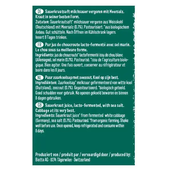 Chucrute orgânico lacto-fermentado Biotta Pure Juice 500ml