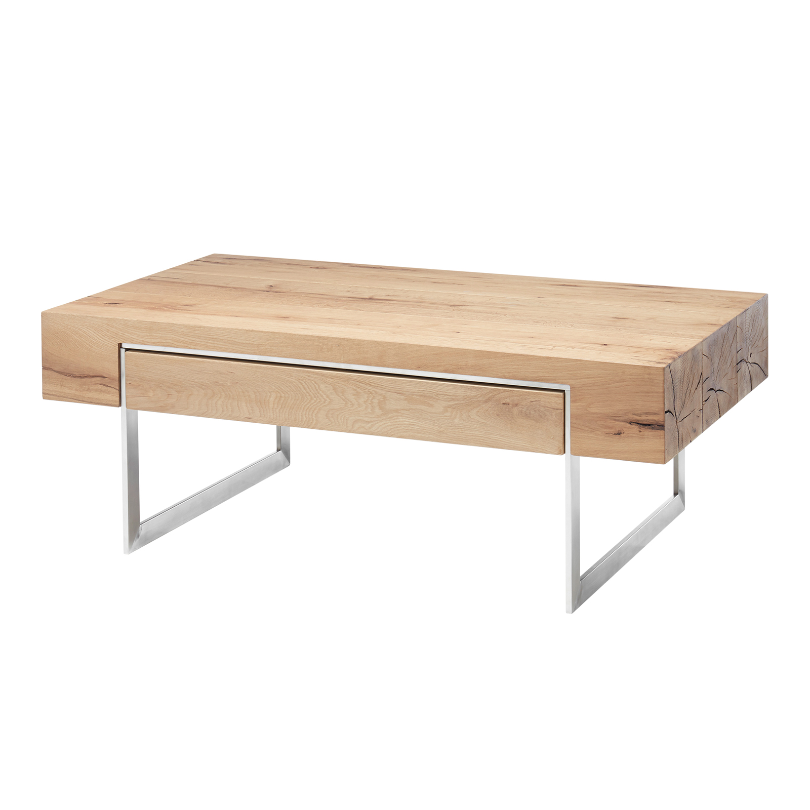 Couchtisch - Eiche natur-Edelstahl - Massivholz - mit Schublade