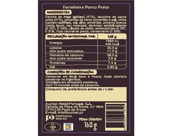 FARINHEIRA DE PORCO PRETO AUCHAN À MESA EM PORTUGAL CULTIVAMOS O BOM ALENTEJO160G