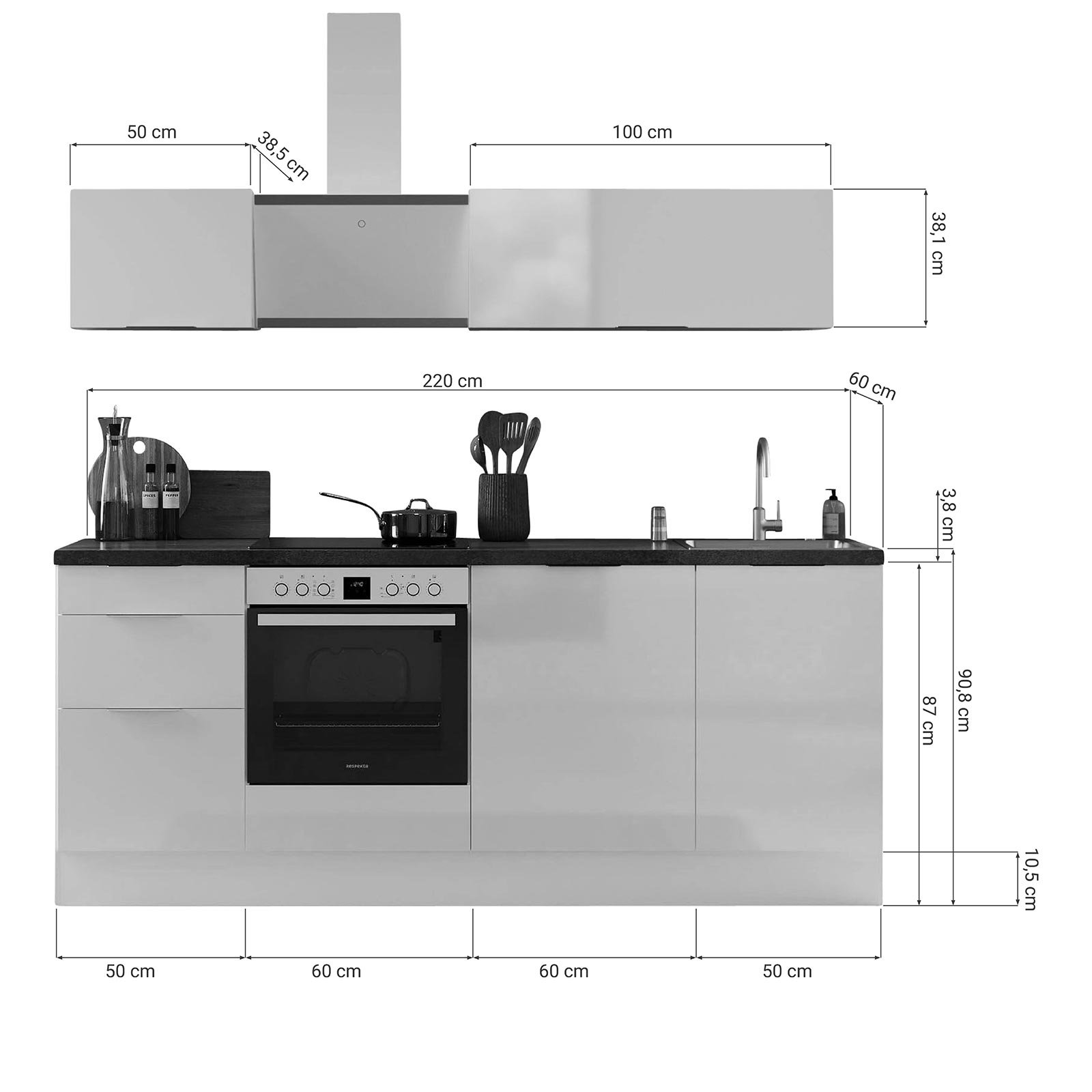 RESPEKTA Küchenblock - weiß Hochglanz - grau matt - mit E-Geräten - 220 cm