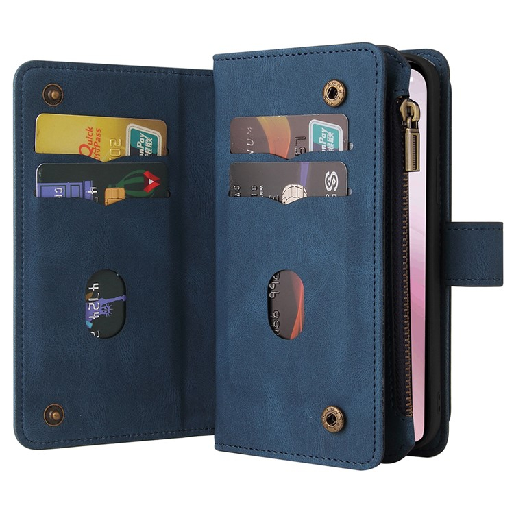 iPhone 16e Leder Tasche Flip Cover Kartenfächer mit Druckknopfverschluss   Handschlaufe - Blau