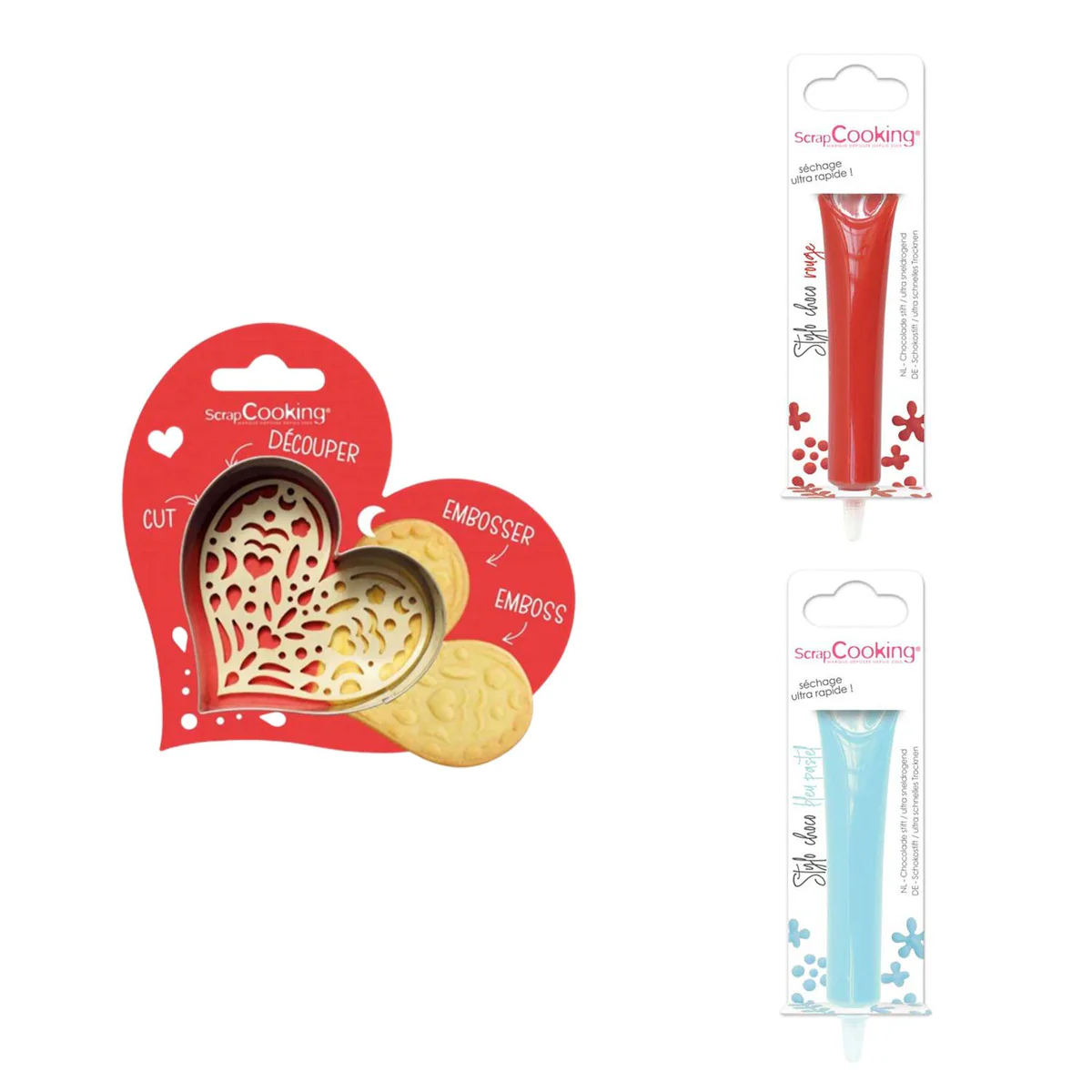 Kit pour biscuit en relief Coeur + 2 Stylos au chocolat rouge et bleu
