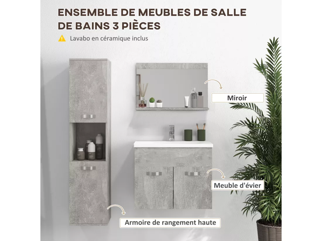 Ensemble 3 meubles salle de bain avec vasque - meuble sous-vasque suspendu, miroir, meuble colonne mural - aspect béton ciré