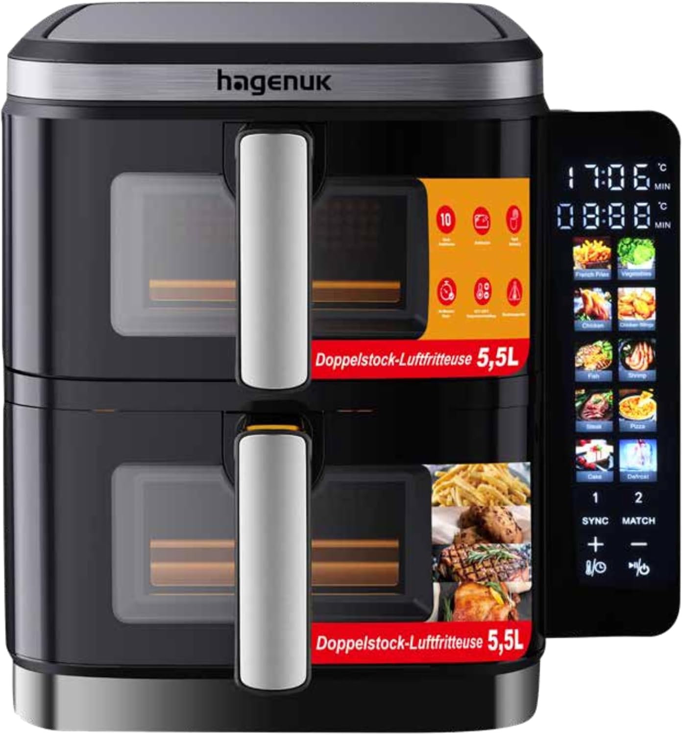 Premium Doppel-Heißluftfritteuse 2×5,5L mit Sichtfenster, 10 Programmen, Grill-Einsatz, Touchdisplay, Sync-Match-Funktion, 2800W, Modell DAF 2800.12 Designed in Germany