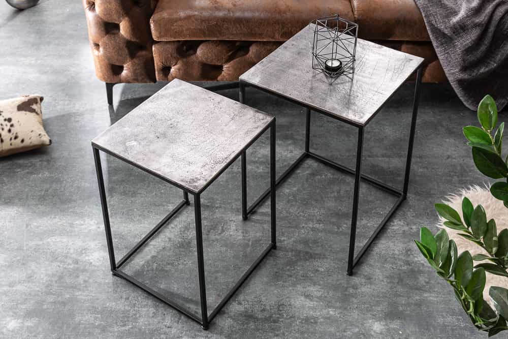 Handgearbeitetes Beistelltisch 2er Set ELEMENTS 40cm silber schwarz Couchtisch