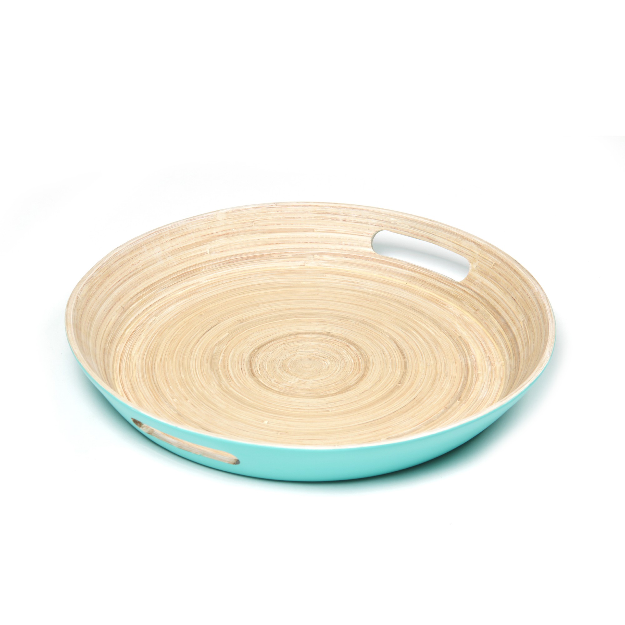 Bambustablett mit Griffen, türkis, Ø 34 cm, H 5 cm zu 19,50
