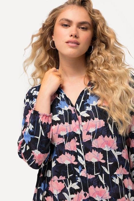 Midikleid, Aquarellblumen, Hemdkragen, Langarm