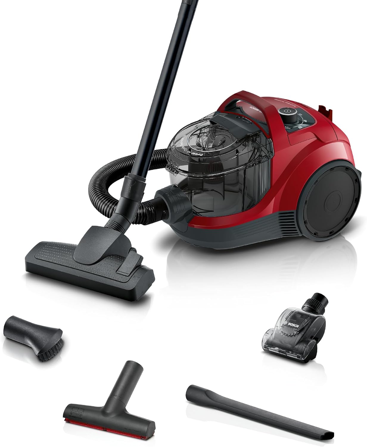 Bosch Staubsauger beutellos Serie 4 BGS21CAR, Hygiene-Filter, 10 Jahre Motorgarantie, XXL-Polsterdüse, XXL-Fugendüse, Mini-Turbo-Düse, Fahrzeug-Innenreinigung, hohe Saugkraft, kompakt, 750 W, rot