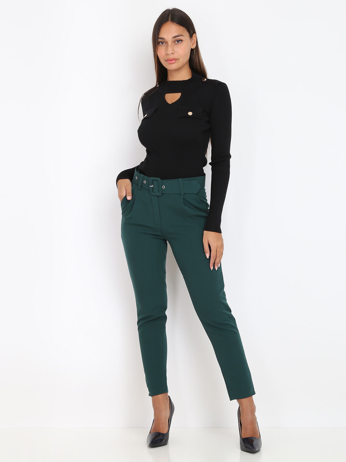 Pantalon à pinces ceinturé- Vert foncé