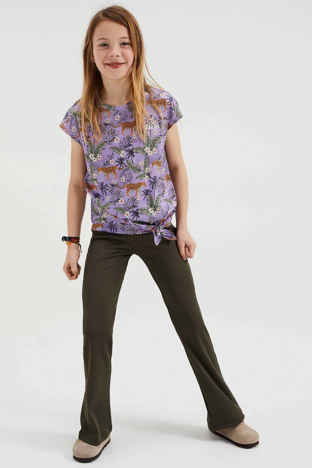 WE Fashion flared broek van polyester donkergroen