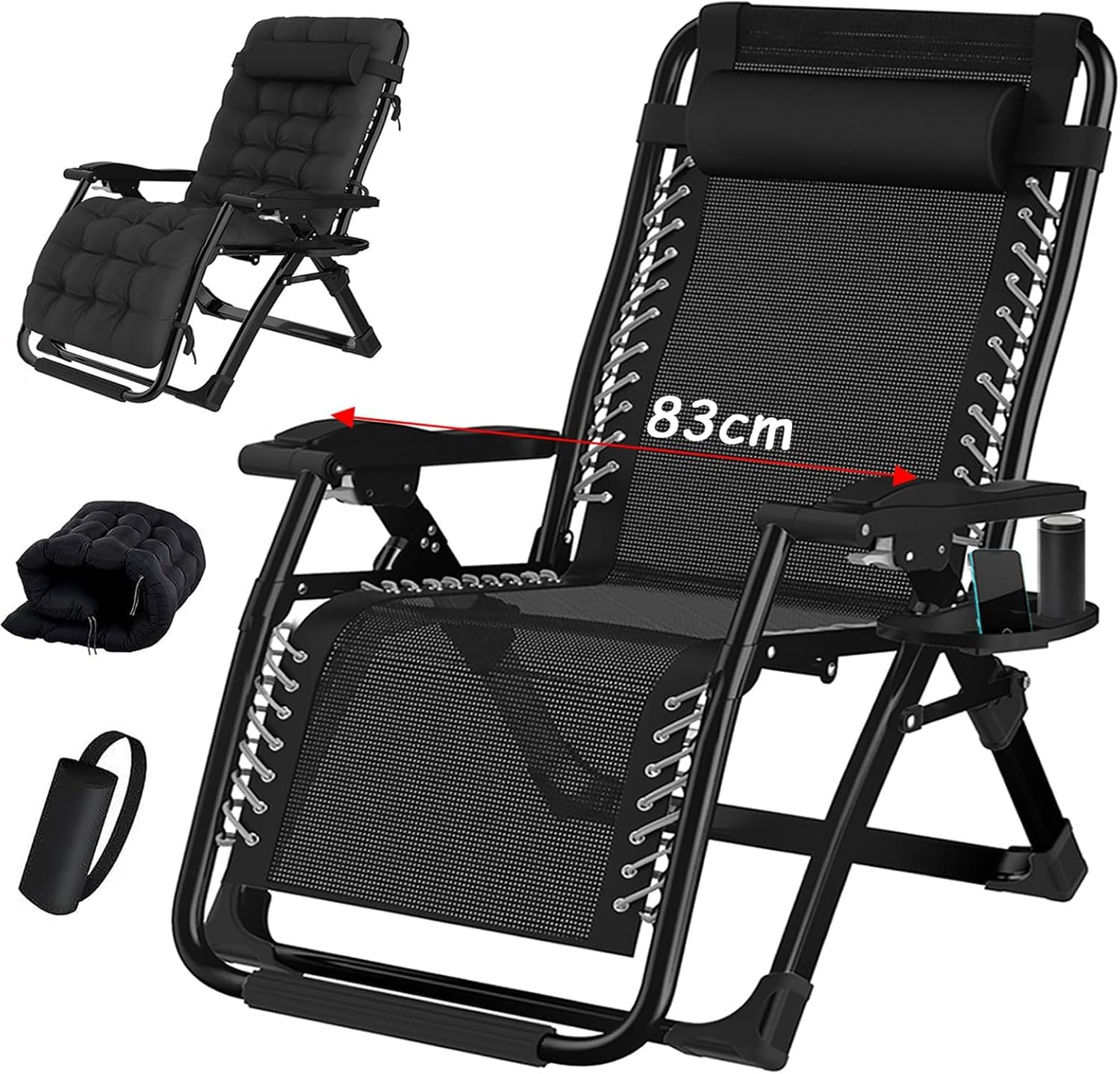 Gartenliege Klappbar Sonnenliege Relaxliege für Balkon, Klappbarer liegestuhl 200kg Tragfähigkeit, Gartenstuhl mit liegefunktion Liegestuhl, XXL Verstellbar Zero Gravity Chair (Schwarz, 83cm)