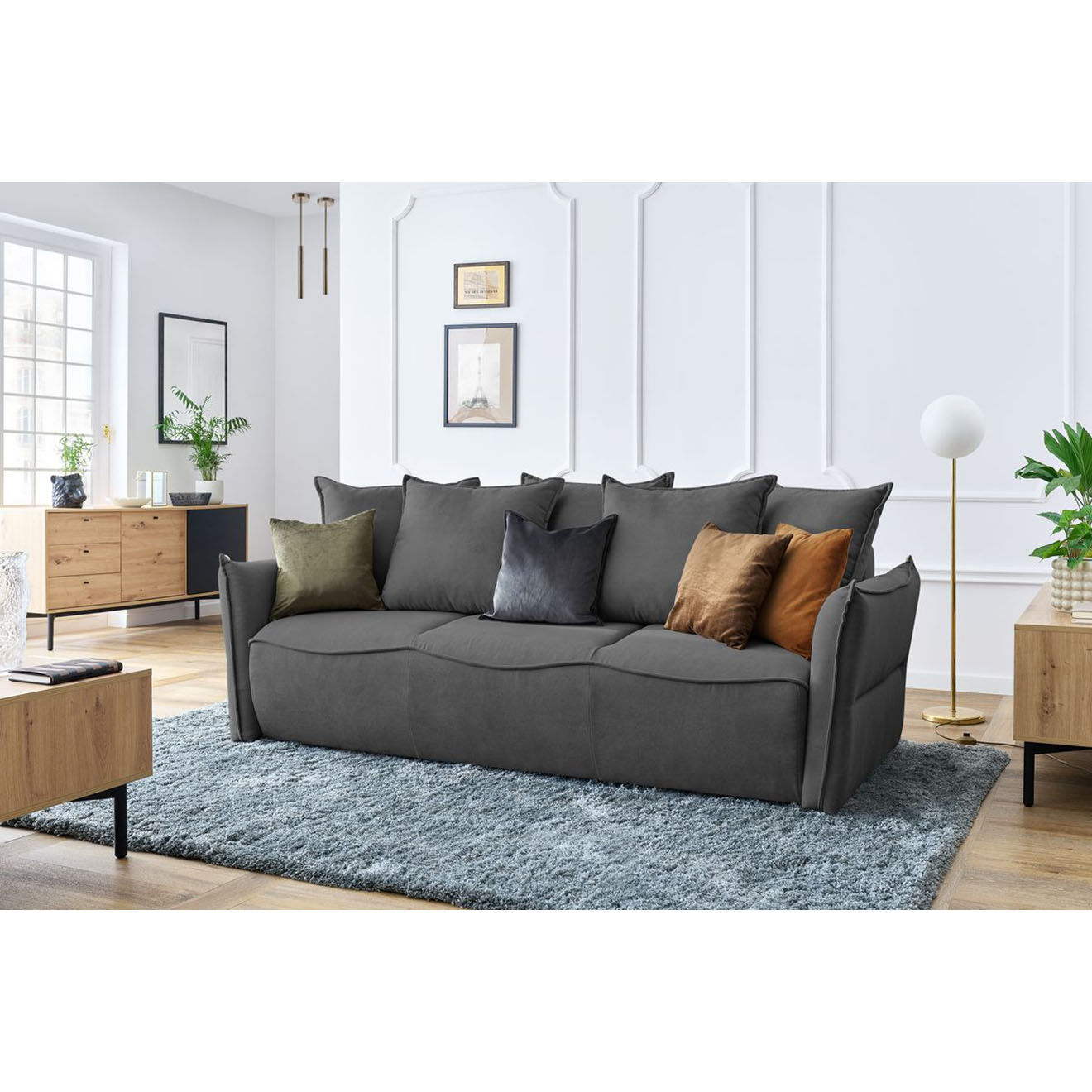 Bobochic Canapé 3 places convertible coffre Bouclette Leon gris foncé - 226x97x90 cm