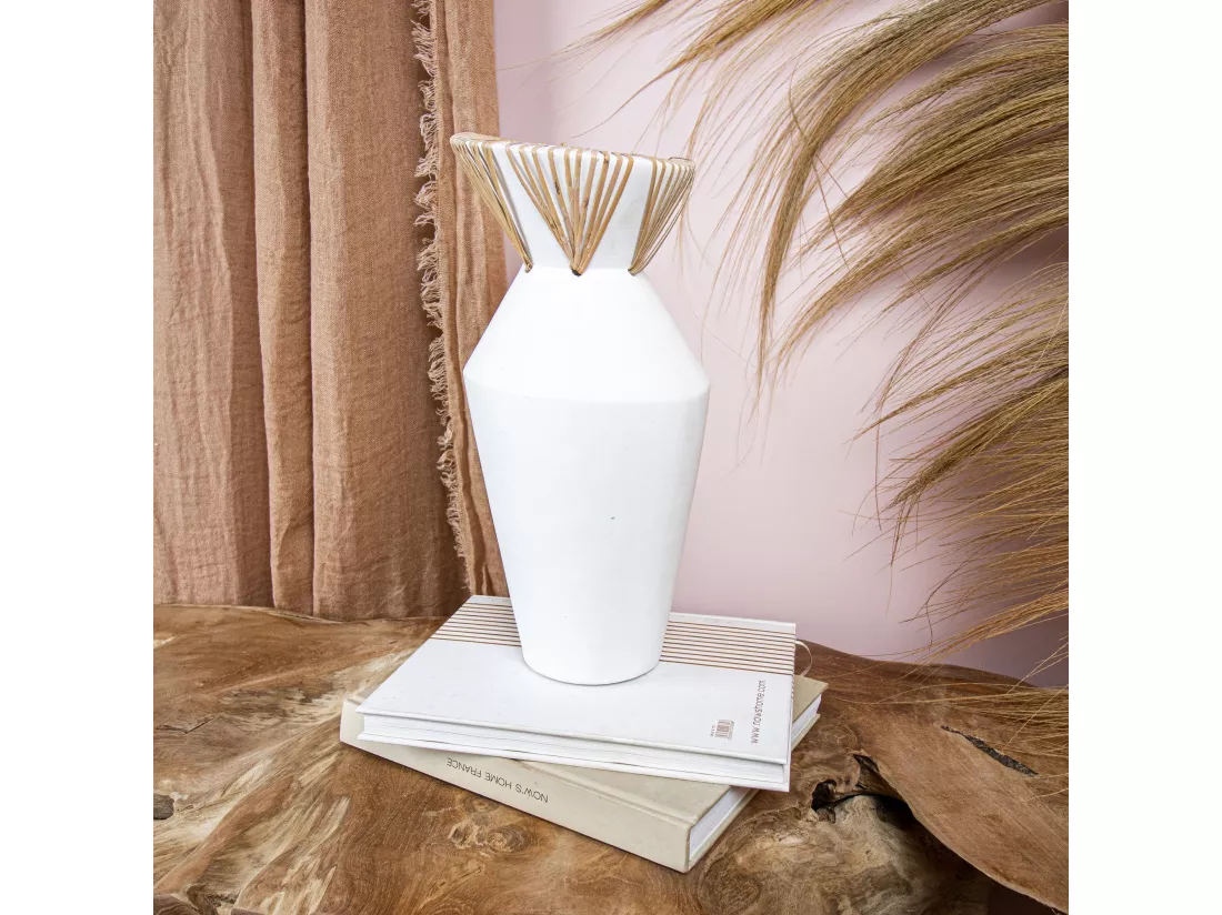 Now's Home - Vase En Beton Et Rotin Blanc D18xh37cm Aya