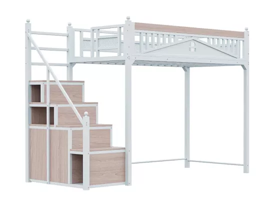 Lit mezzanine en métal 90x200 avec clôture sécurité à boule design fenêtre échelle de grimpe avec casiers bois interchangeable gauche droite gain de place