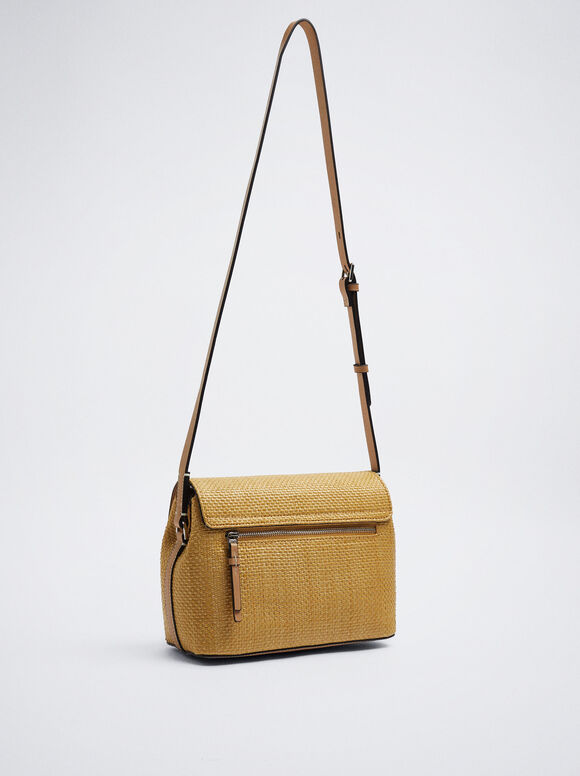 Bolsa transversal com efeito palha - Mostarda