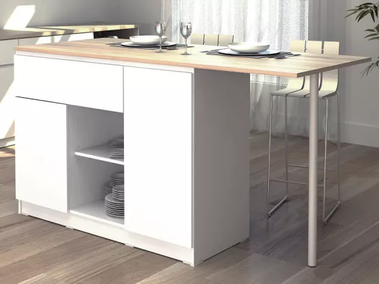 Ilot central de cuisine avec 2 portes, 1 tiroir et 2 niches - Blanc et naturel - TUNORI